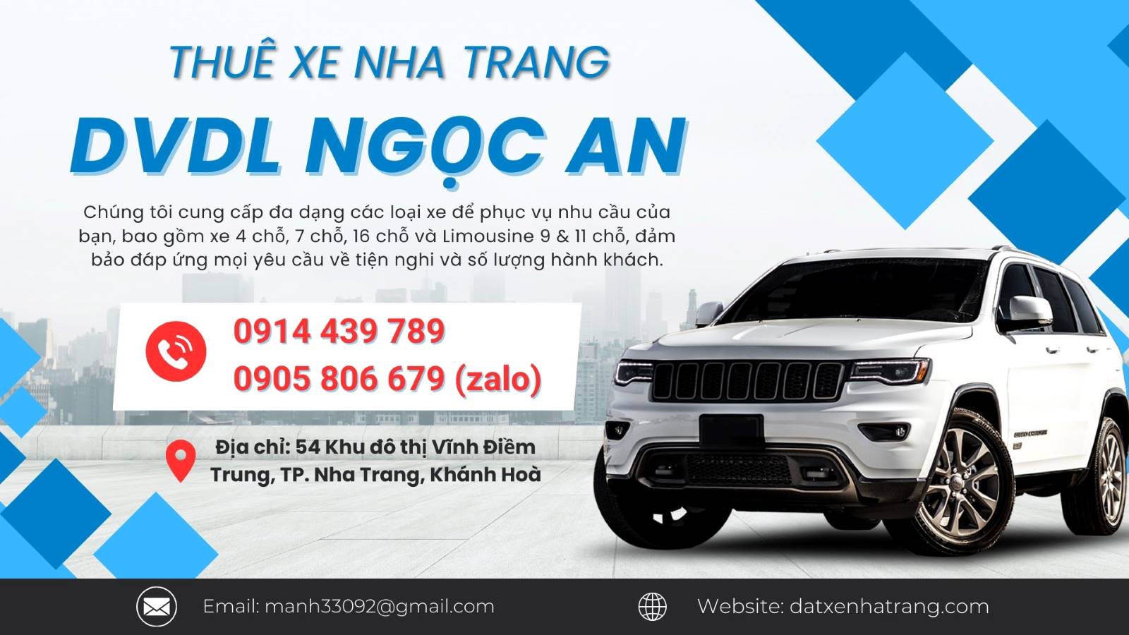 Thuê xe Nha Trang, Phan Thiết, Sài Gòn, Đà Lạt, Vũng Tàu - Xe 4 chỗ, 7 chỗ, 16 chỗ. Hotline: 0914 439 789 - 0905 806 679